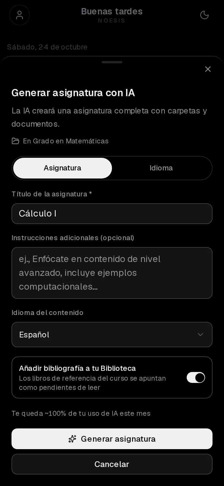 Asignatura «Cálculo I» con sus temas y documentos