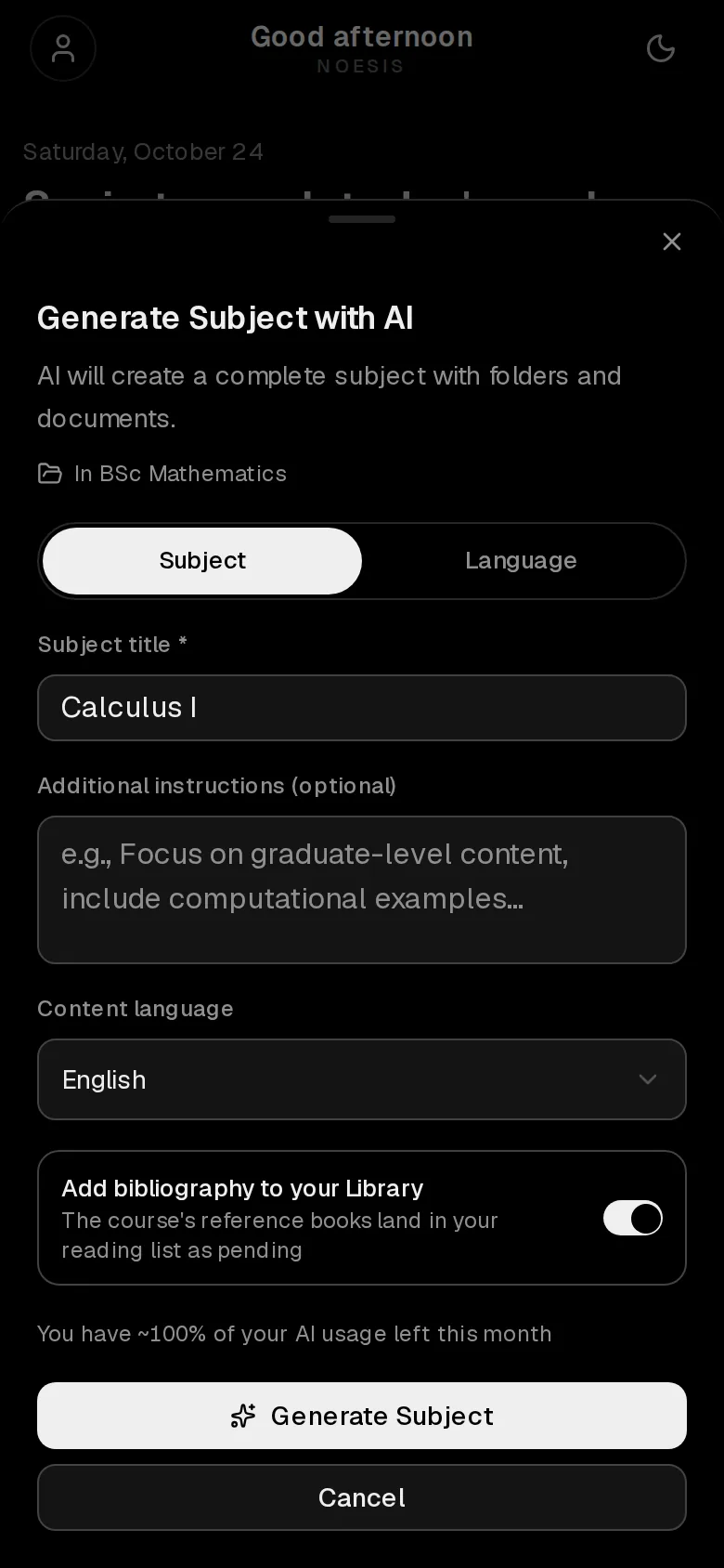 The «Calculus I» course with its topics and documents