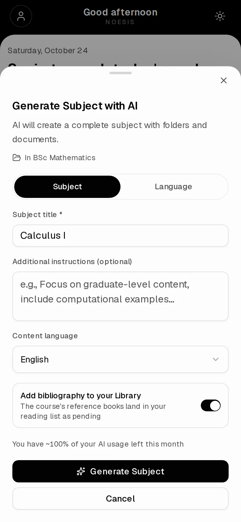 The «Calculus I» course with its topics and documents