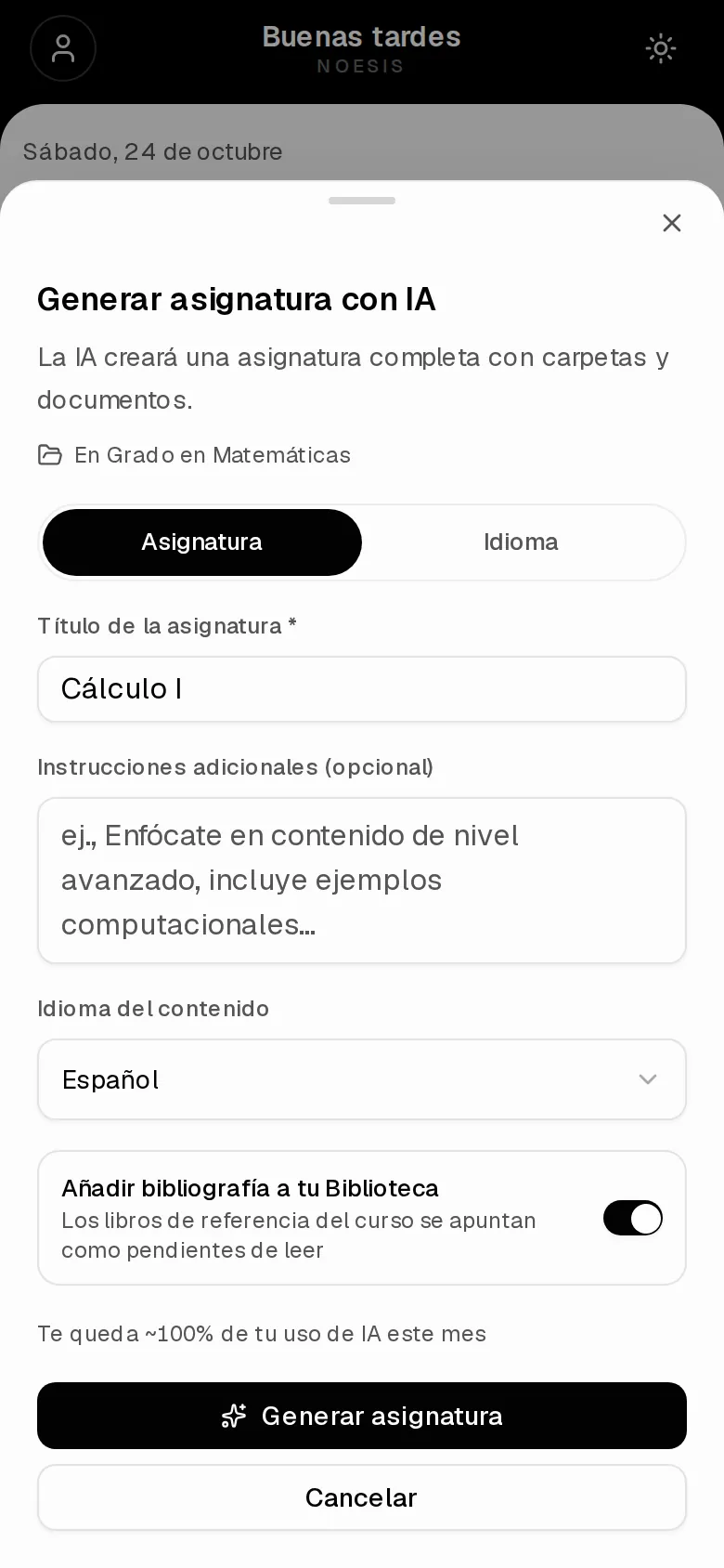 Asignatura «Cálculo I» con sus temas y documentos