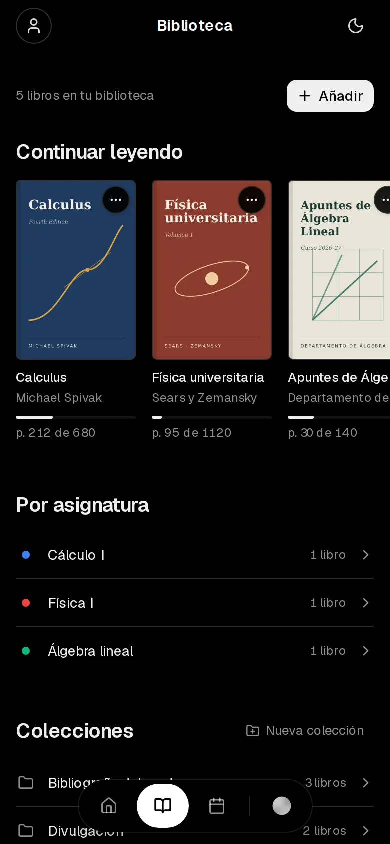 Sube cualquier libro o apuntes, con portada, colecciones y «Continuar leyendo».