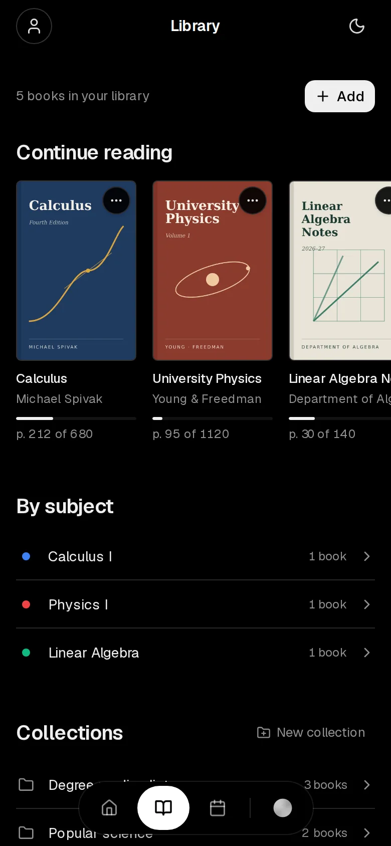 Upload any book or notes, with covers, collections and «Continue reading».