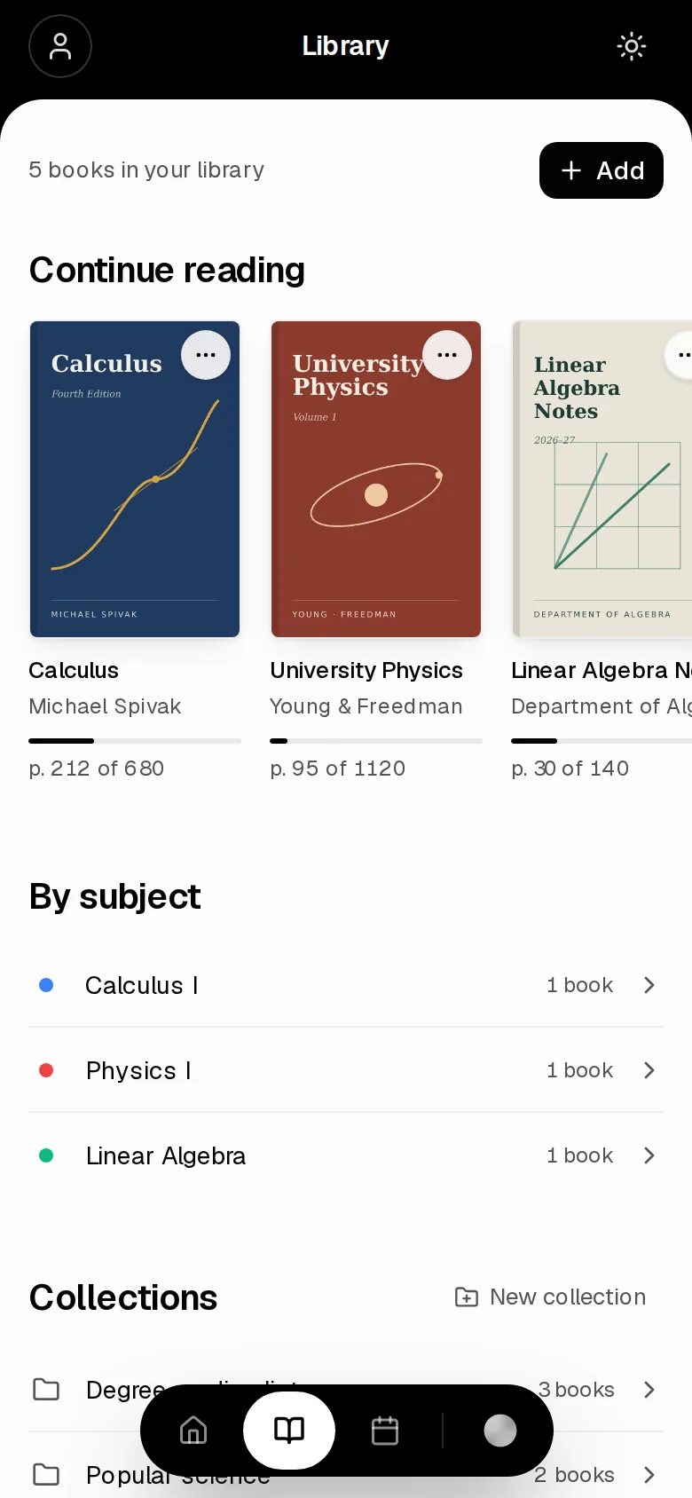 Upload any book or notes, with covers, collections and «Continue reading».