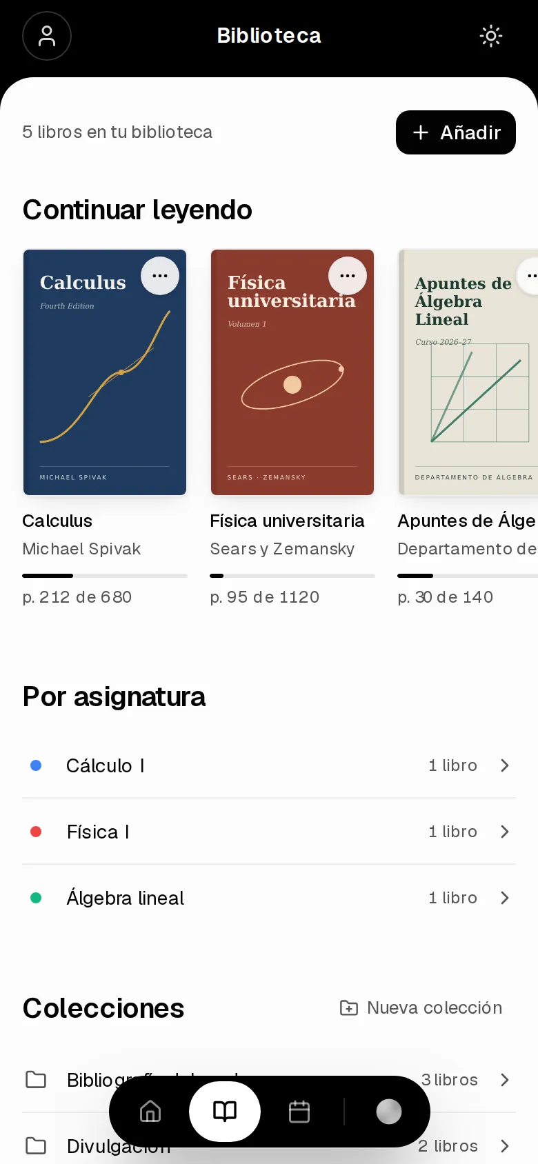 Sube cualquier libro o apuntes, con portada, colecciones y «Continuar leyendo».