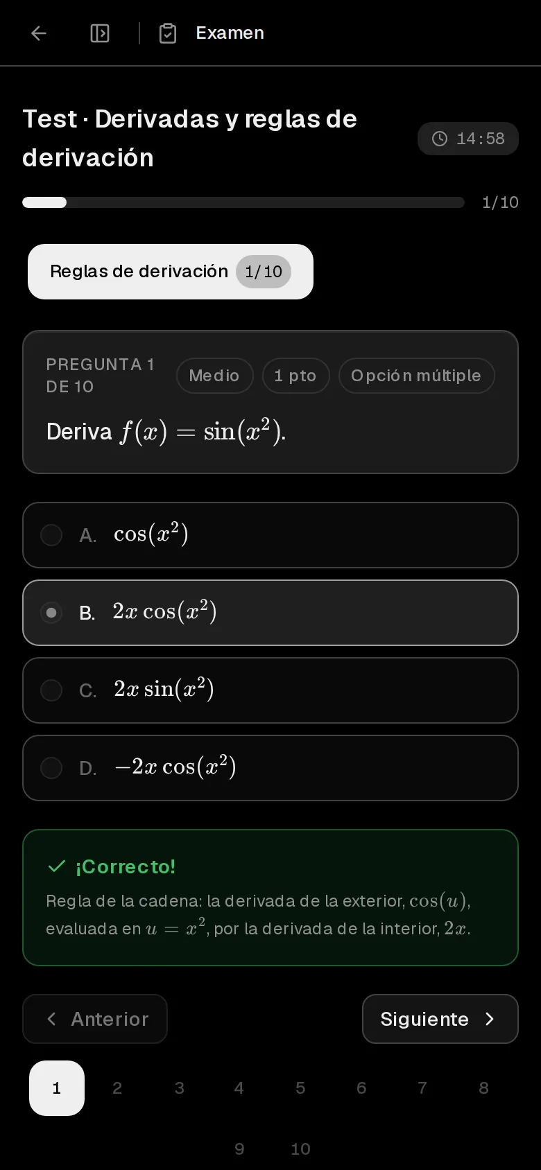 Test de derivadas con una pregunta y sus respuestas