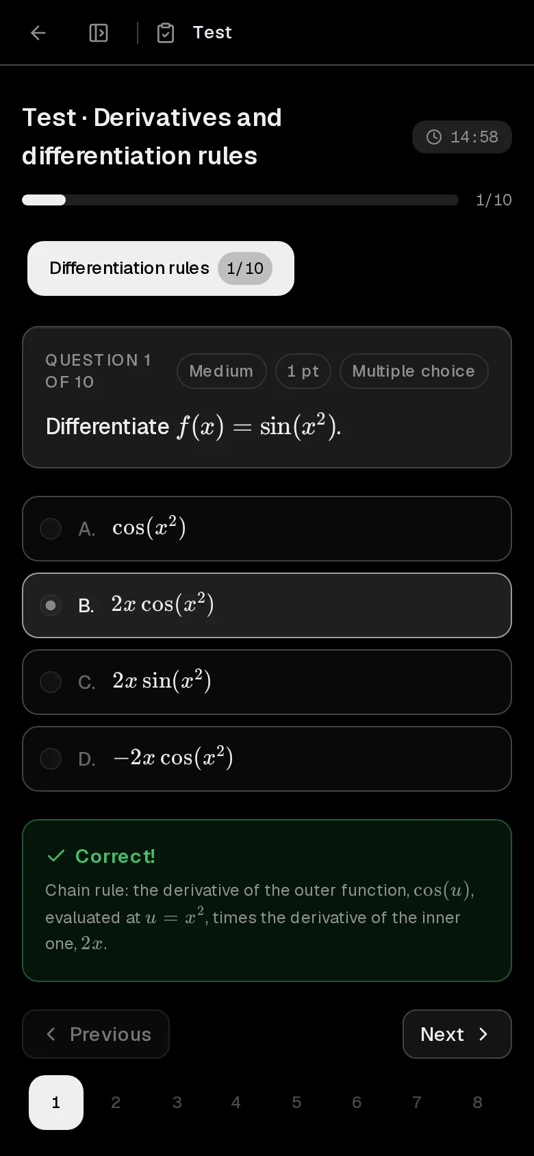 A derivatives test with a question and its answers