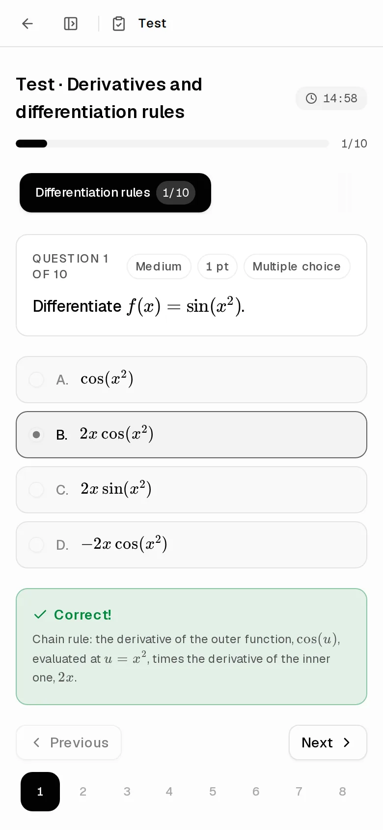A derivatives test with a question and its answers