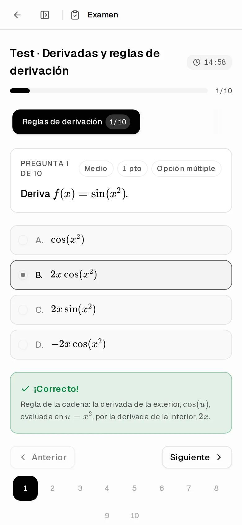 Test de derivadas con una pregunta y sus respuestas