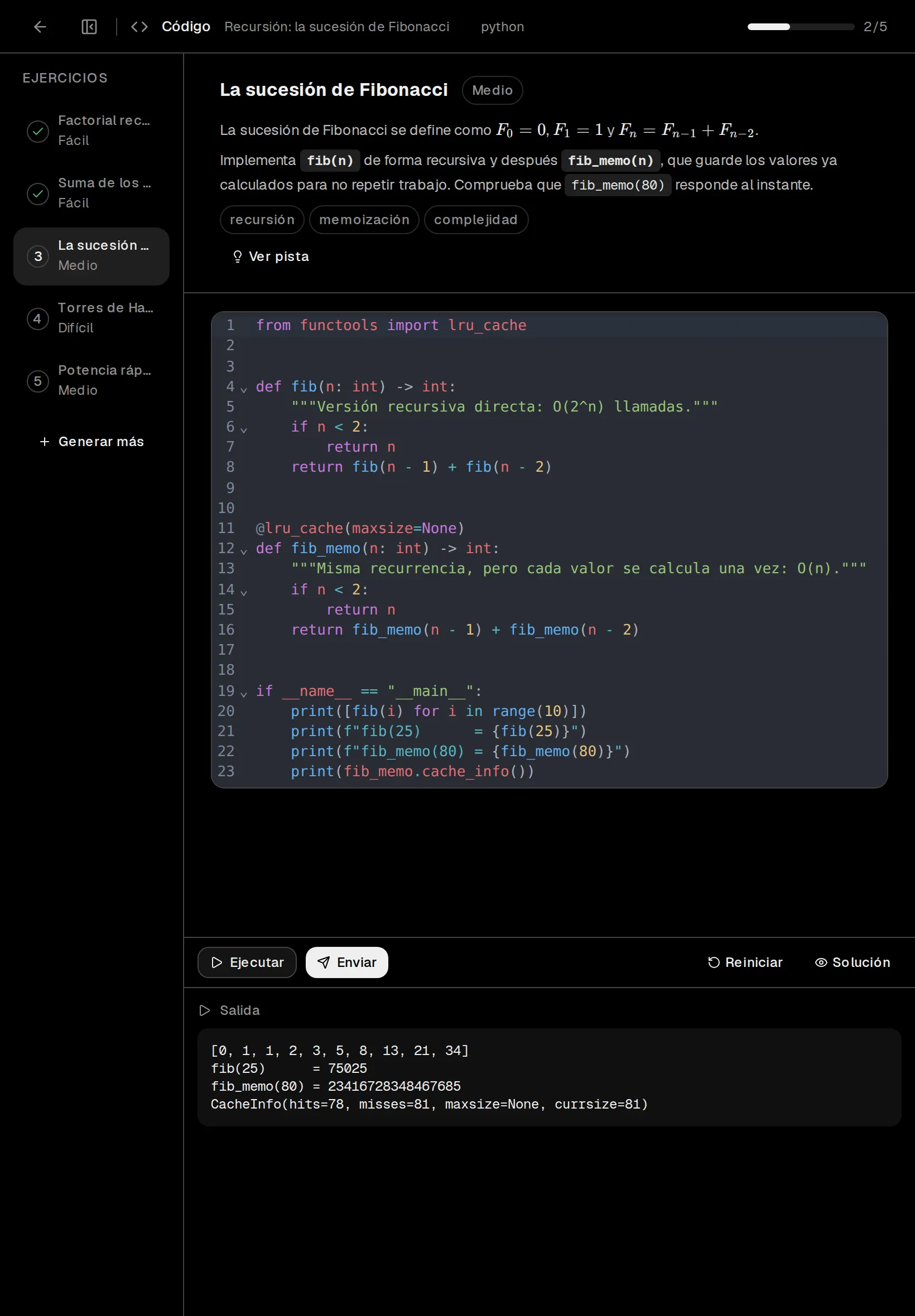 Escribe y prueba código en Python, JavaScript, C++ y Rust con ejercicios guiados.