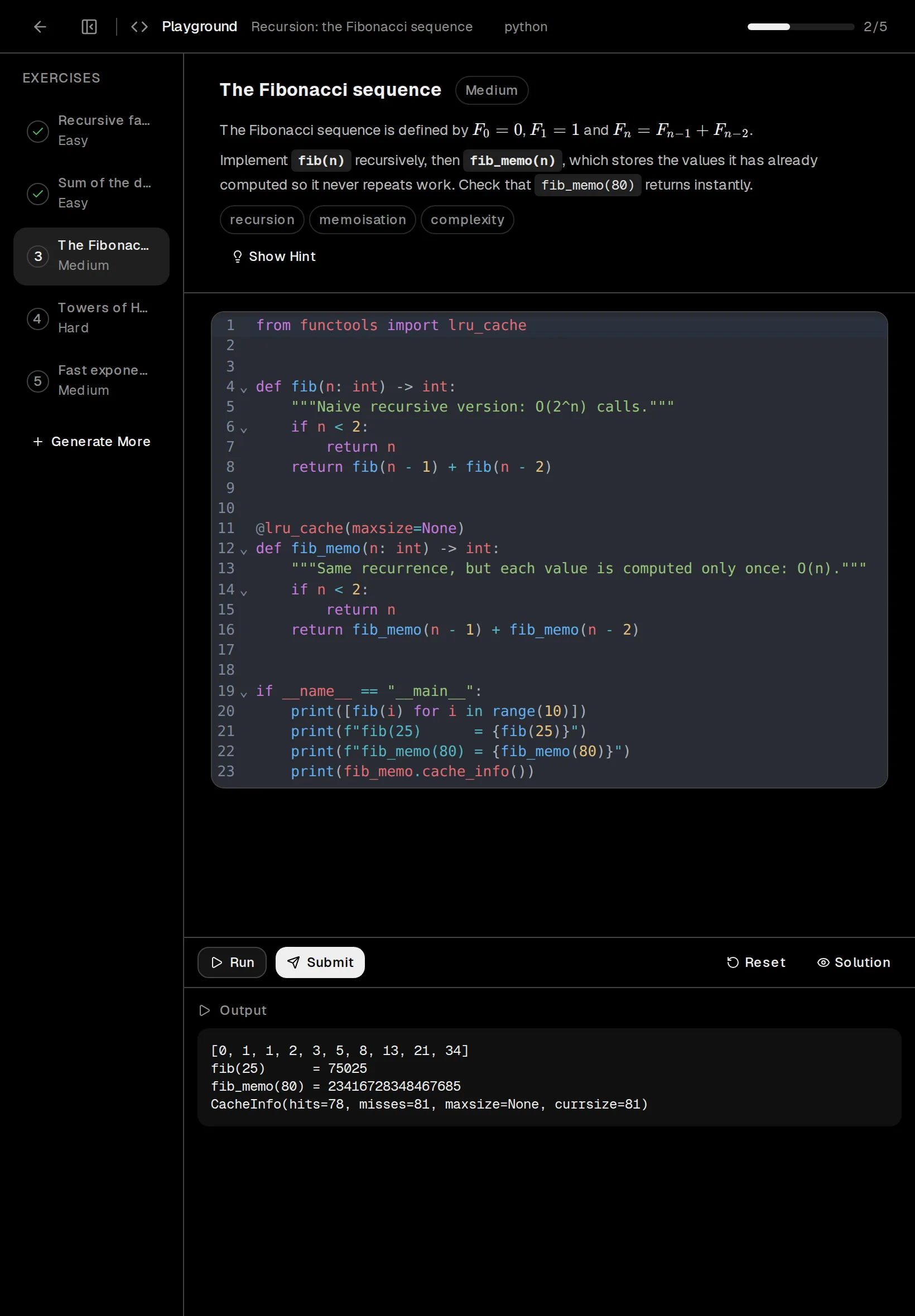 Write and test code in Python, JavaScript, C++ and Rust with guided exercises.