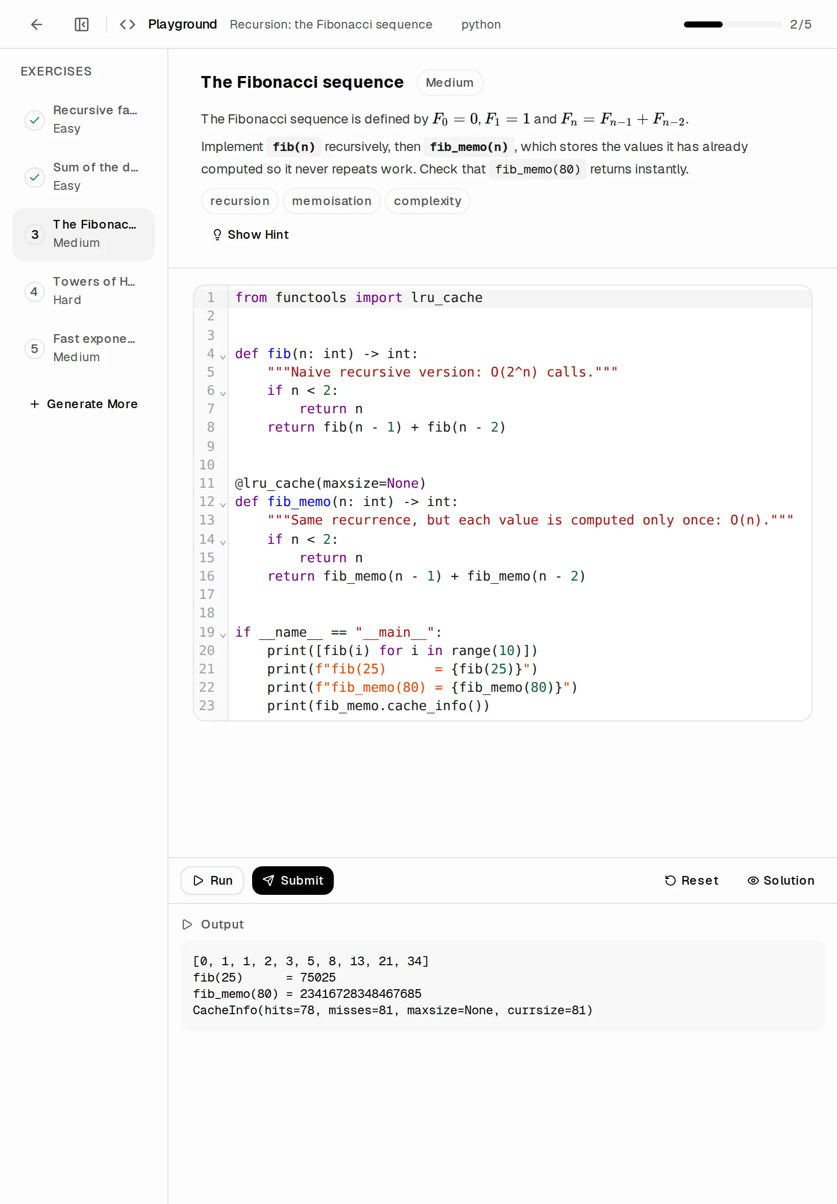 Write and test code in Python, JavaScript, C++ and Rust with guided exercises.