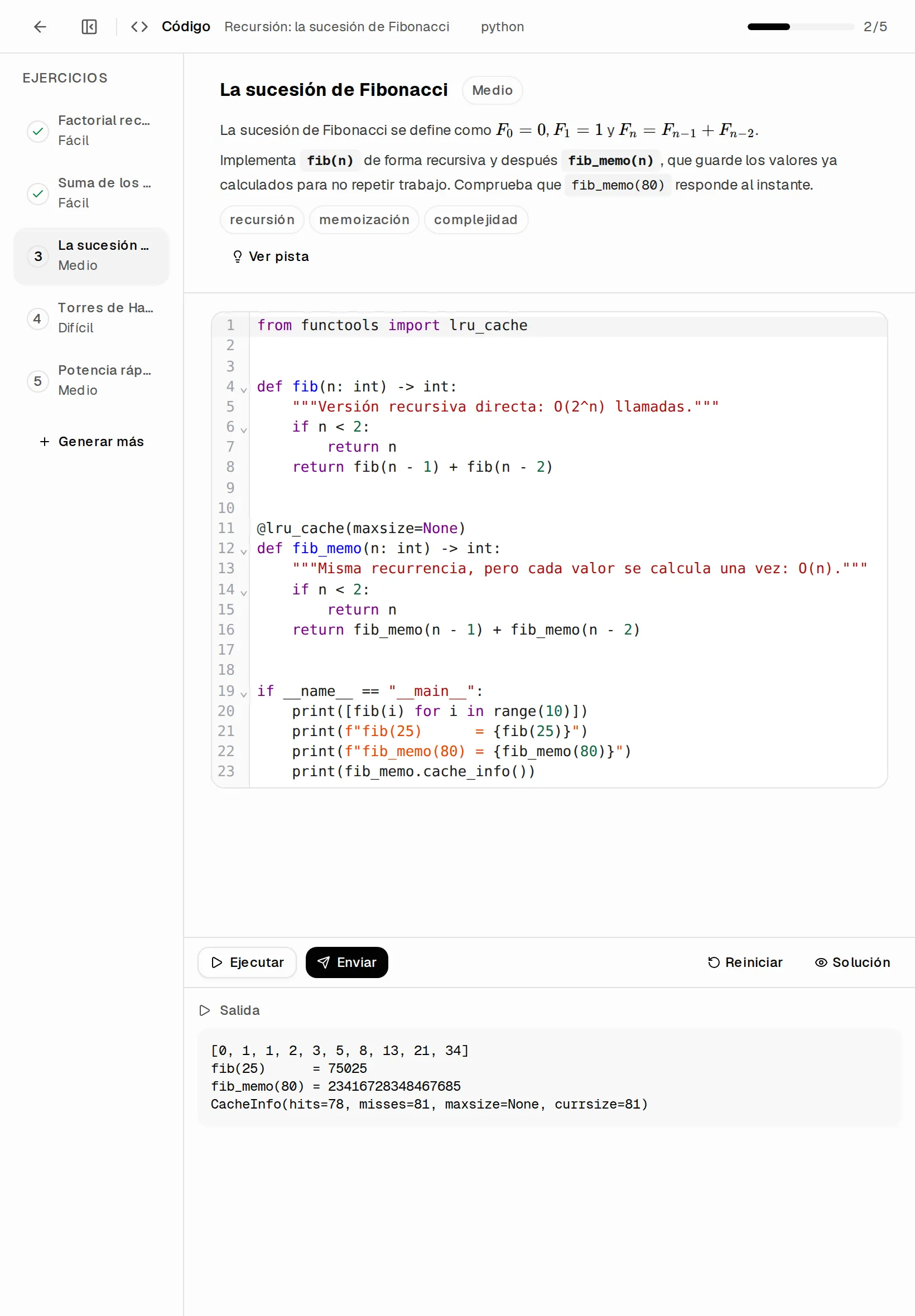 Escribe y prueba código en Python, JavaScript, C++ y Rust con ejercicios guiados.